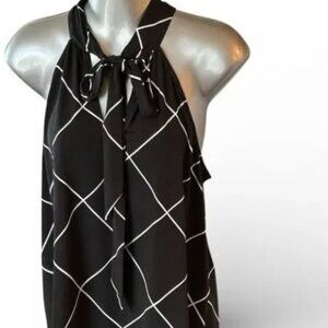 Lane Bryant Women's Size 14/16 Black Geometric Mock Neck Halter Tie Front Blouse